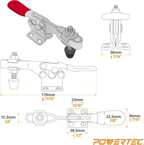 Miniatura 6 de POWERTEC 48 pulgadas universal T-Track 2PK con abrazadera de palanca de sujeción horizontal 4 unidades y placa de montaje para plantillas