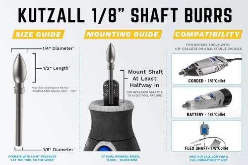 Miniatura 3 de Kutzall Kit de fresas rotativas de 4 piezas - Eje de 1⁄8", Fino - Brocas de tallado de madera para Dremel, Foredom, Ryobi, DeWalt, Milwaukee Tools