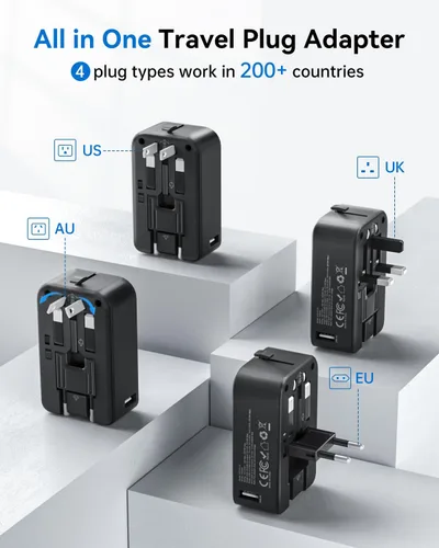 Miniatura 3 de DOACE Adaptador de viaje Pico de 20 W, adaptador de corriente universal de 5 puertos, 1 CA, 2 USB C y 2 USB-A, adaptador de enchufe internacional