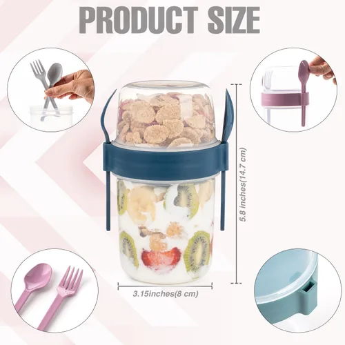 Miniatura 6 de Paquete de 4 Tazas de Desayuno Para Llevar de 22 oz con Tapas y Cuchara, Taza de Cereal y Yogur Reutilizable con Topping, Recipiente de Plástico