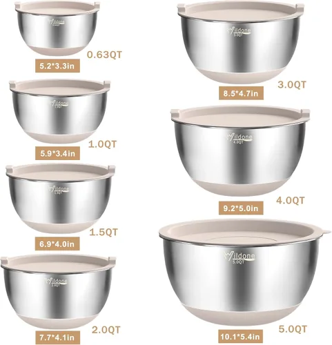 Miniatura 6 de Wildone Cuencos para Mezclar con Tapas Herméticas, 27 PCS Cuencos de Acero Inoxidable Anidables, con 3 Accesorios de Rallador, Marca de Escala