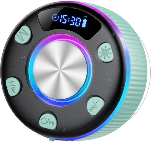 Miniatura 12 de Altavoz de ducha Bluetooth, IP7 impermeable, portátil, Bluetooth 5.3 con ventosa, mini altavoz inalámbrico con luces RGB, pantalla de tiempo, sonido