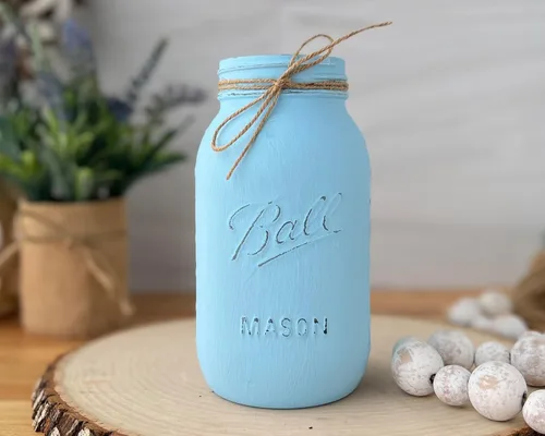 Miniatura 6 de Centro de mesa de tarro de masón azul claro, tarro envejecido pintado a mano de 32 onzas, decoración rústica de granja para baby shower, bautismo