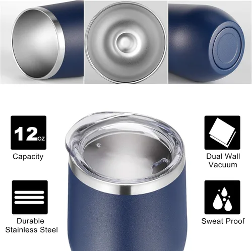 Miniatura 2 de Vaso de vino VEGOND de 12 oz hecho de acero inoxidable, térmico con tapa y pajita, vaso de vino con aislamiento al vacío y doble pared, sin tallo