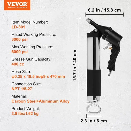 Miniatura 7 de VEVOR Pistola de engrase, pistola de engrase operada por aire de 6000 PSI, pistola de engrase neumática resistente con carga de 14 onzas, manguera