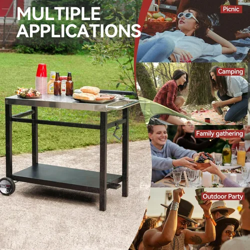 Miniatura 6 de Royal Gourmet Mesa de Carrito de Comedor con Doble Estante, Carrito de Parrilla de Superficie Plana de Acero Inoxidable Móvil, Ganchos, Mango