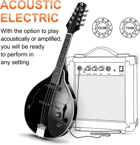 Miniatura 4 de Vangoa Instrumento de Mandolina de Caoba Eléctrico Acústico Estilo A, Mandolina Musical para Principiantes, Adultos, Adolescentes, Niños, Negro