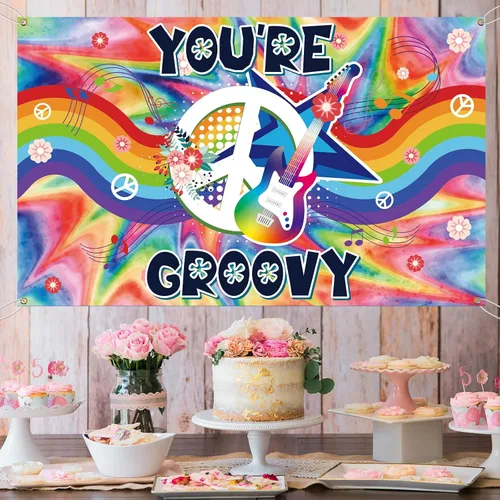 Miniatura 4 de You're Groovy - Telones de fondo para fotografía de fiesta de los años 60, decoración de pared, fondos para fotos, arco iris, tema hippie