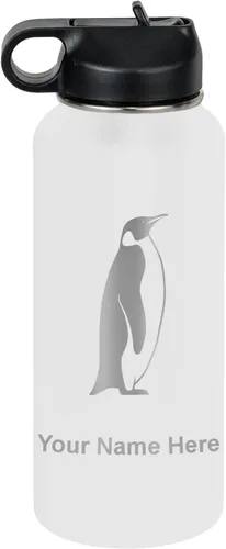 Miniatura 33 de LaserGram Botella de agua personalizada, pingüino, acero inoxidable de doble pared aislada al vacío con popote superior, regalo grabado