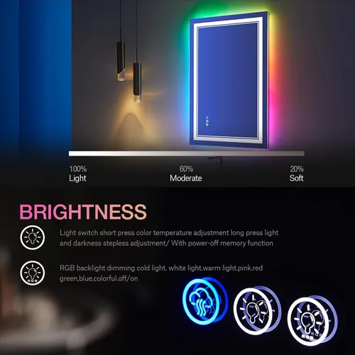 Miniatura 3 de Espejo de baño LED, 20 x 28 pulgadas, montaje en pared, antivaho y retroiluminación RGB, con iluminación frontal