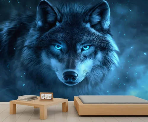 Mural de lobo azul, papel tapiz de animales misteriosos, decoración del hogar de estética oscura, mural de pared de animales salvajes, murales de