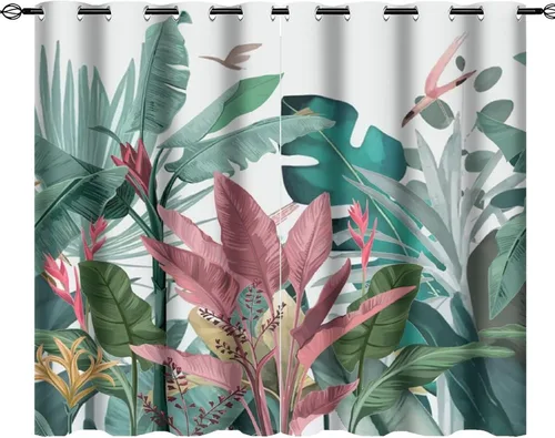 Miniatura 37 de Cortinas abstractas de hojas tropicales, acuarela tropical, hojas de palma, verano hawaiano, plátano, aislamiento térmico, cortinas completas