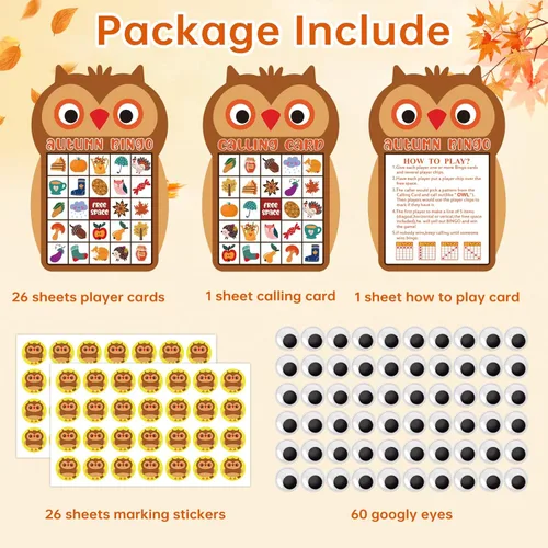 Miniatura 5 de SICOHOME Tarjetas de bingo de otoño para niños, 26 jugadores, juego de bingo de Acción de Gracias para niños y adultos, otoño, Halloween, Acción