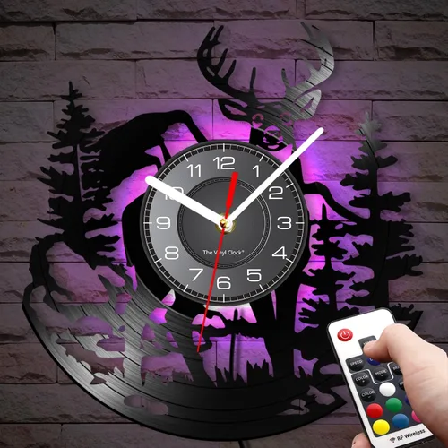Cabin Deer - Reloj de pared con 7 colores cambiantes, reloj de caza de ciervos de 12 pulgadas, silencioso, funciona con pilas, bosque y vida Con luz