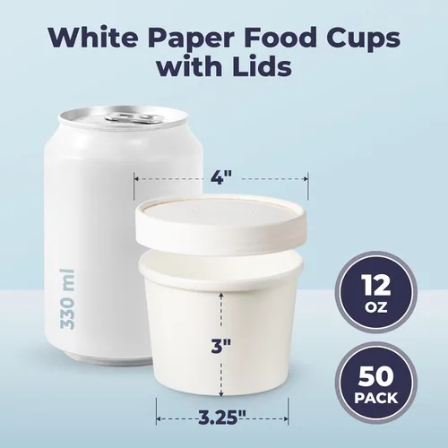 Miniatura 2 de Fit Meal Prep Paquete de 50 recipientes de sopa de papel blanco de 12 onzas con tapas, recipientes de alimentos desechables calientes o fríos