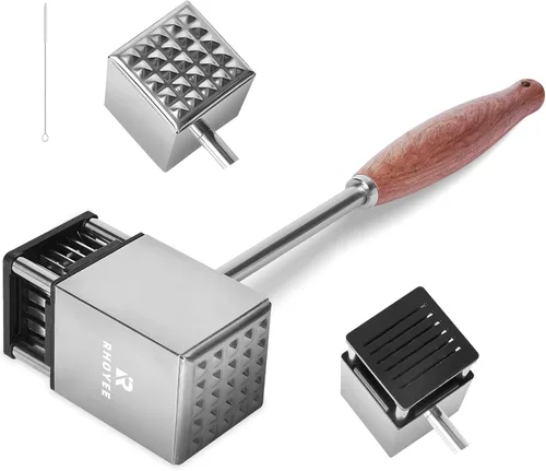 Mazo ablandador de carne 2 en 1, martillo de carne de acero inoxidable con 36 cuchillas de aguja ultra afiladas, agarre ergonómico de palisandro,