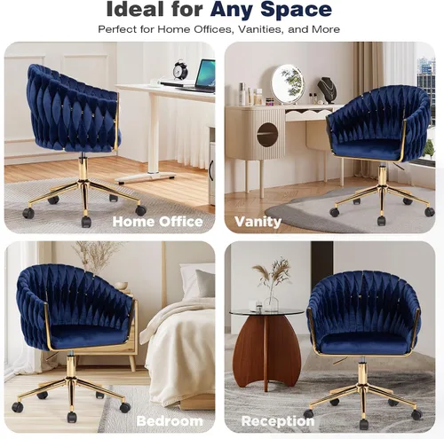 Miniatura 4 de Silla de Oficina de Terciopelo con Respaldo, Sillas de Tocador con Ruedas, Silla de Escritorio de Oficina en Casa de Terciopelo Giratoria 360°, Azul