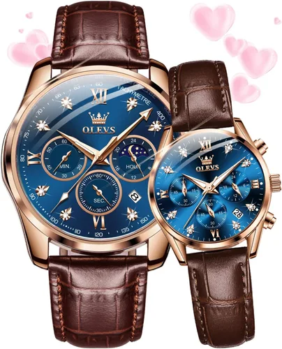 Miniatura 21 de OLEVS Juego de 2 relojes de cuarzo para parejas de San Valentín, para él y ella, cronógrafo de cuero, con diamantes para hombres, mujeres, amantes