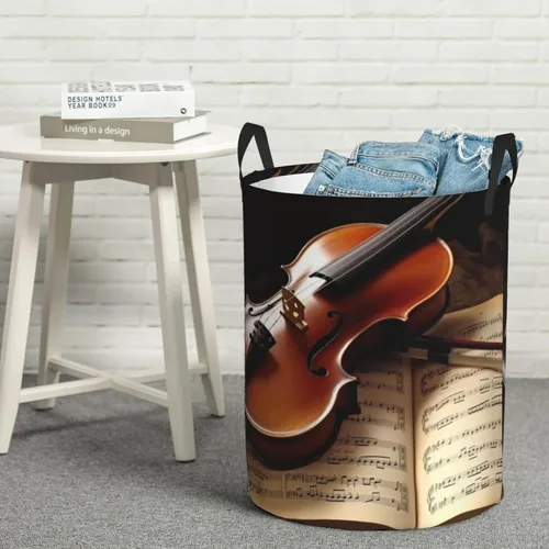 Miniatura 8 de Cesta circular con estampado de violín y libro, impermeable, cesta organizadora de lavandería, con asas, para ropa, juguetes, pequeña