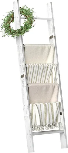 Miniatura 13 de HONEST OUTFITTERS Escaleras para Mantas para la Sala de Estar, Soporte de Mantas de 5 Niveles, Estante de Mantas Inclinado en la Pared, Estantes
