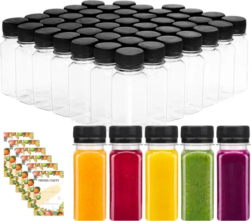 TOMNK 45pcs 2oz Plastic Shot Juice Bottles with Caps, Ginger Shot Bottles, Reusable Clear Bulk Beverage Containers for Ginger Shot, Juice, Milk, and
