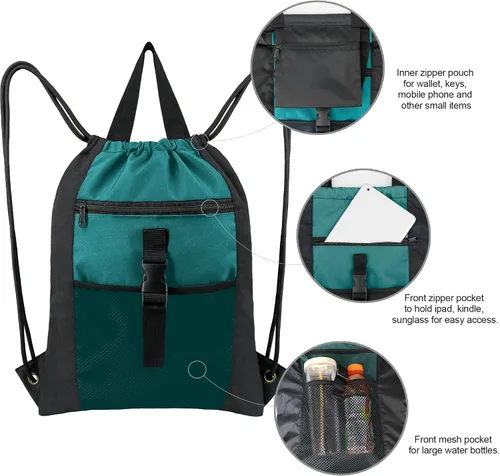 Miniatura 3 de BeeGreen Mochila con cordón y hebilla, Negro, verde azulado.