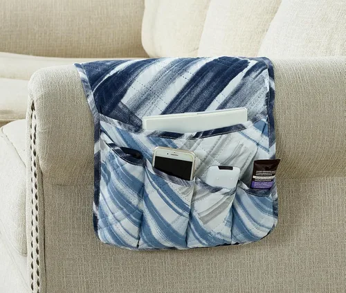 Miniatura 7 de Brilliant Sunshine - Organizador de apoyabrazos de sofá de terciopelo gris con 5 bolsillos, soporte antideslizante para sillón reclinable