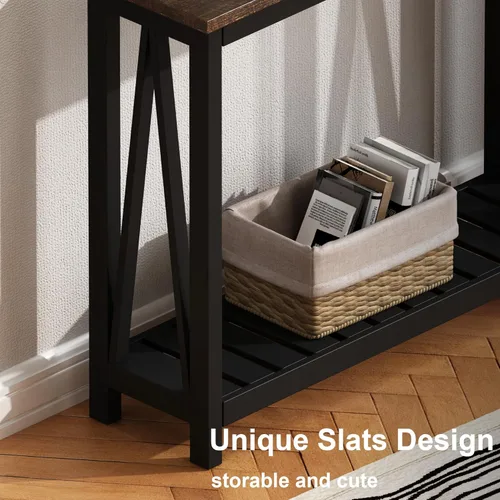 Miniatura 5 de ChooChoo Mesa de Consola para Entrada, Mesas de Sofá para Sala de Estar Estilo Granja, Mesa Estrecha para Pasillo y Vestíbulo con Estante, Negro