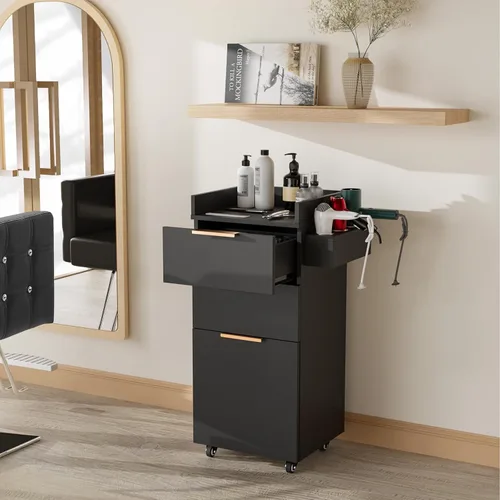 Miniatura 2 de OmySalon Carrito de salón con ruedas, 2 cajones y 1 armario de almacenamiento, carrito de salón para estilista, estación de peinado portátil