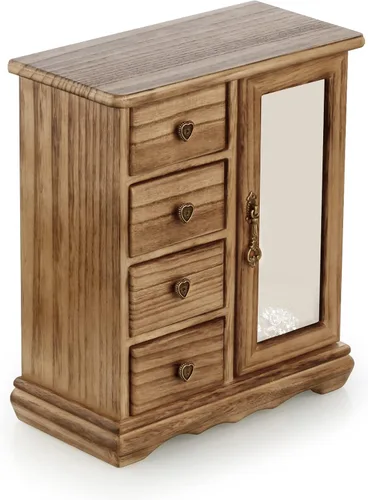 Miniatura 2 de RR ROUND RICH DESIGN Joyero de madera maciza para maquillaje y organizador de anillos para mujer, con 4 cajones integrados, carrusel de collar