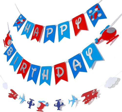 Miniatura 5 de Cartel de cumpleaños de avión y decoración de guirnalda para aviador, aviación, fiesta temática de cumpleaños, pancarta de fieltro con purpurina