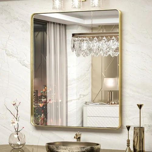 Miniatura 24 de TokeShimi Espejo redondo dorado de 36 pulgadas, espejo redondo de baño para pared con aleación de aluminio antioxidante, marco de metal dorado Oro