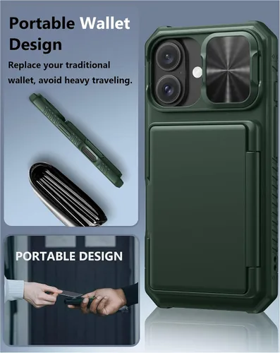 Miniatura 6 de ATATOO Funda tipo cartera para iPhone 16 con tarjetero (almacena 3-5 tarjetas) [bloqueo RFID] y funda deslizante para cámara, protección de grado