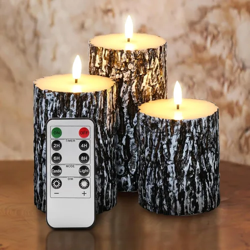 Miniatura 12 de Eywamage Velas de pilar sin llama de corteza de abedul con control remoto, velas LED rústicas parpadeantes con batería, juego de 3 Top plano