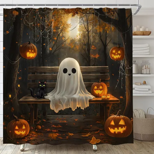 Miniatura 4 de Cortina de ducha de fantasma de Halloween, espeluznante gato negro, telaraña, bosque de otoño, tela de noche aterradora, decoración de baño, cortina