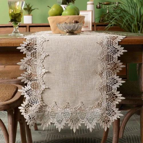 Miniatura 6 de ARTABLE Tapete de Mesa Redondo de Encaje Gris de Lino, Camino de Mesa, Mantel Individual Pequeño para Mesa de Café, Estilo Rústico de Granja