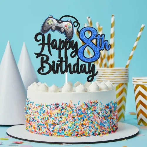 Miniatura 2 de Decoración de pastel de feliz cumpleaños 8 para videojuegos, fiesta de cumpleaños de 8 años, suministros de pastel azul, juego en nivel, decoración