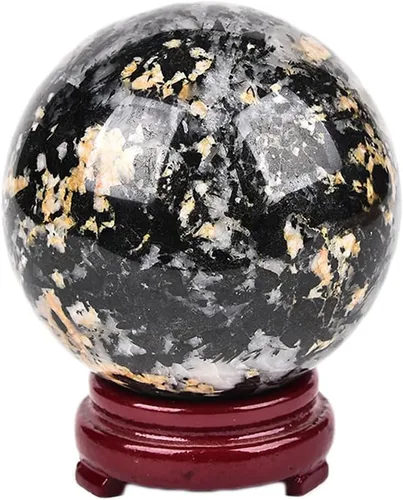 JIC Gem Gran esfera de cristal negro y blanco con soporte Esfera de bola de cristal de turmalina negra y blanca Piedra preciosa decorativa Bola para
