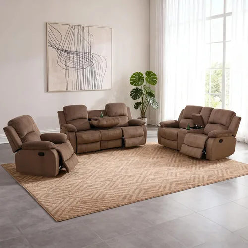 Miniatura 40 de Juego de sofá modular reclinable manual para sala de estar, sofá reclinable en forma de L, seccional de cuero con portavasos/almacenamiento