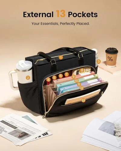 Miniatura 7 de LOVEVOOK Bolsa de mano para profesores, bolsa para laptop para mujer con portavasos grande y área de archivo de acordeón, bolsa de trabajo