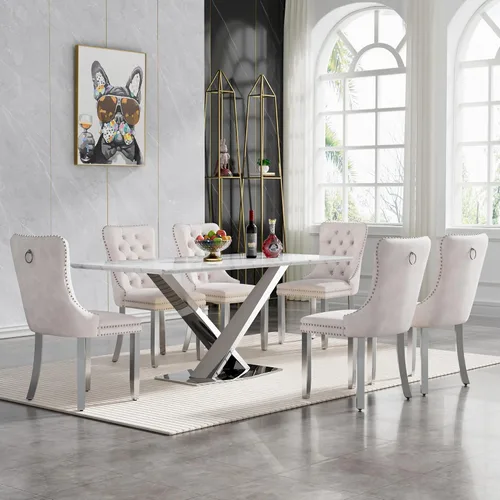 Miniatura 42 de Juego de mesa de comedor de 7 piezas con sillas, mesa de comedor de mármol sintético y sillas beige para 6, juego de mesa de comedor de oro blanco