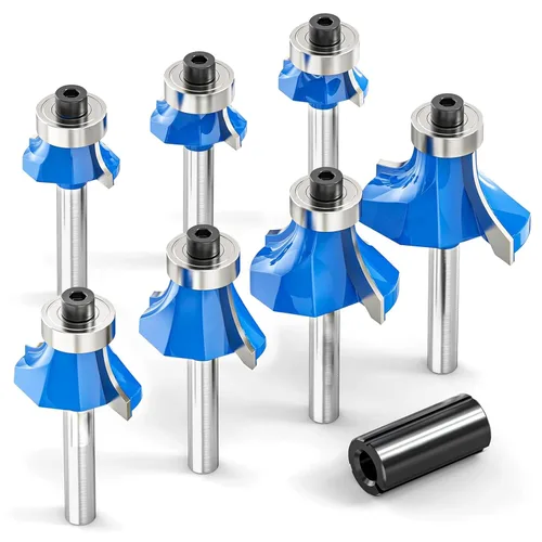 7 Brocas de Router de Redondeo Vástago de 1/4", Radio en 1/2", 3/8", 5/16", 1/4", 3/16", 5/32", 1/8", Punta de Carburo 2 Canales Broca de Router de