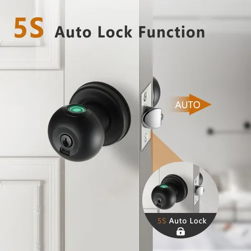 Miniatura 6 de Buoan - Cerradura de puerta de huellas dactilares, perilla inteligente de puerta con cerradura, cerradura de puerta biométrica negra, cerradura