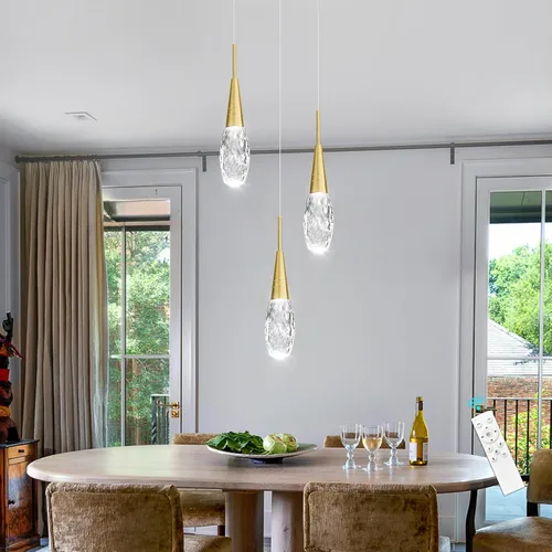Miniatura 7 de 3 luces LED colgantes para isla de cocina, lámpara regulable dorada, moderna iluminación colgante de cristal para comedor, dormitorio, sala