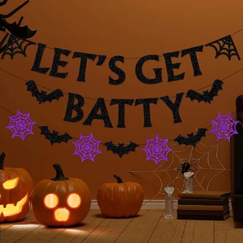Miniatura 4 de Pancarta de decoración de fiesta de telaraña negra y morada de Halloween, 8 piezas de murciélagos de papel, remolinos colgantes, remolinos