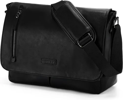 VX VONXURY Bolsa de mensajero para hombre, piel sintética de 14 pulgadas, maletín para laptop para trabajo y escuela, café, Piel sintética negra de