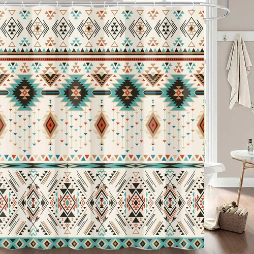Cortina de ducha azteca para baño, Southwestern Native Tribal Navajo Americano, étnica abstracta, triangular, geométrica, vintage, juego de