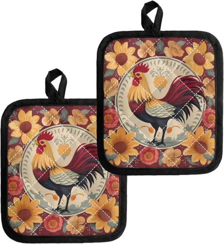 Miniatura 11 de Juego de soportes para macetas de flores rojas de pollo blanco y negro, resistentes al calor, almohadillas calientes para horno, antideslizantes