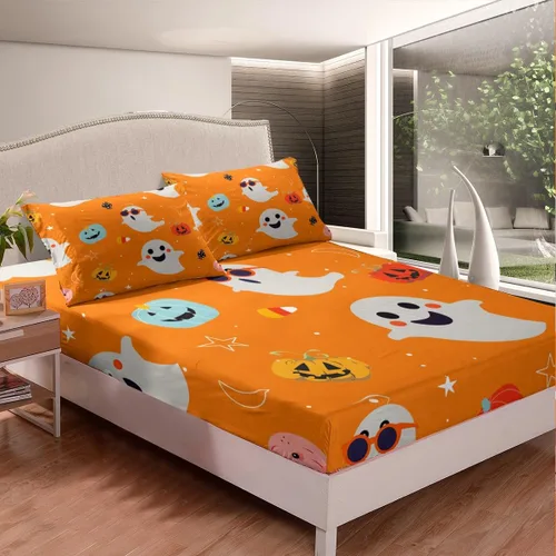 Miniatura 2 de Juego de ropa de cama de Halloween con patrón de sombras kawaii, sábana bajera tamaño queen, decoraciones de calabaza, luces de calabaza góticas