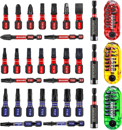 Geinxurn Juego de 30 puntas de destornillador de impacto, puntas magnéticas de acero S2 con caja de almacenamiento arcoíris (rojo, verde, amarillo)